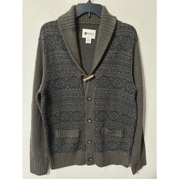 Men’s Haggar Wool Blend Brown Cardigan Sweater Sz M Shawl Collar Button Up - Picture 1 of 12
